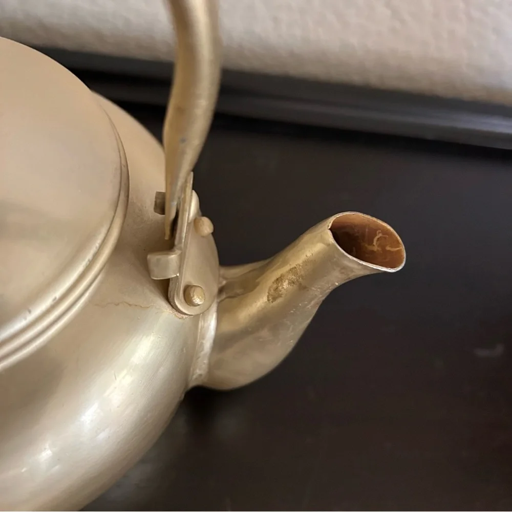 vintage gold-toned aluminum teapot with a black handle mid century modern 5” dia - Picture 7 of 10